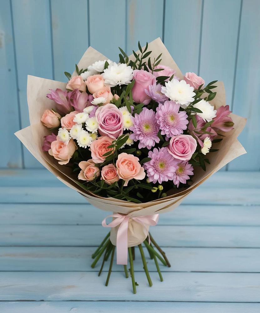 Букет цветов из: Хризантемы, Розы и Альстромерии в Высоком Краснодарский край