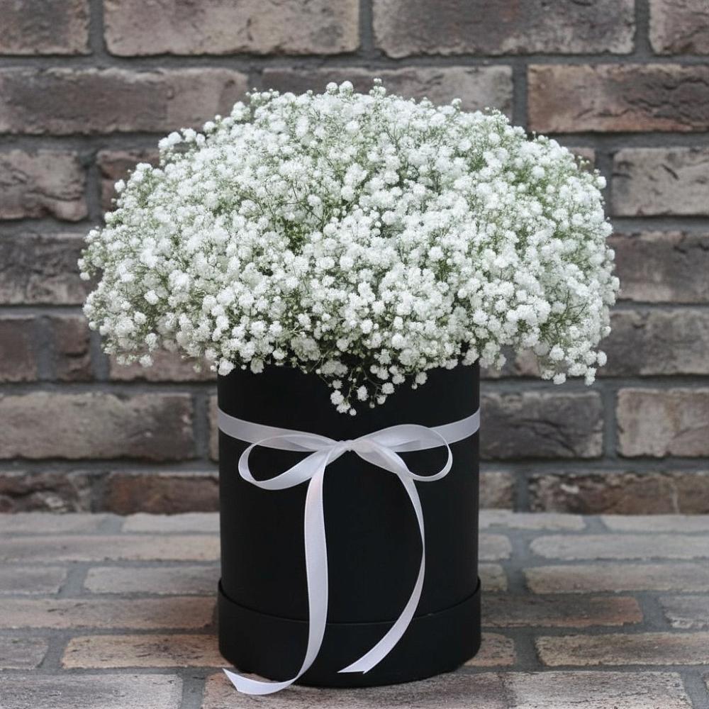 Цветочная композиция из Гипсофила в шляпной коробке в Высоком Краснодарский край