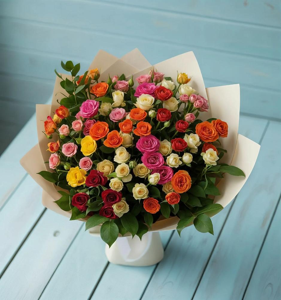 Букет Микс из разноцветных кустовых роз в Высоком Краснодарский край