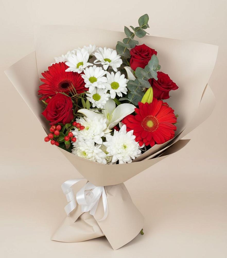 Букет цветов из: Розы, Хризантемы, Герберы и Лилии в Высоком Краснодарский край