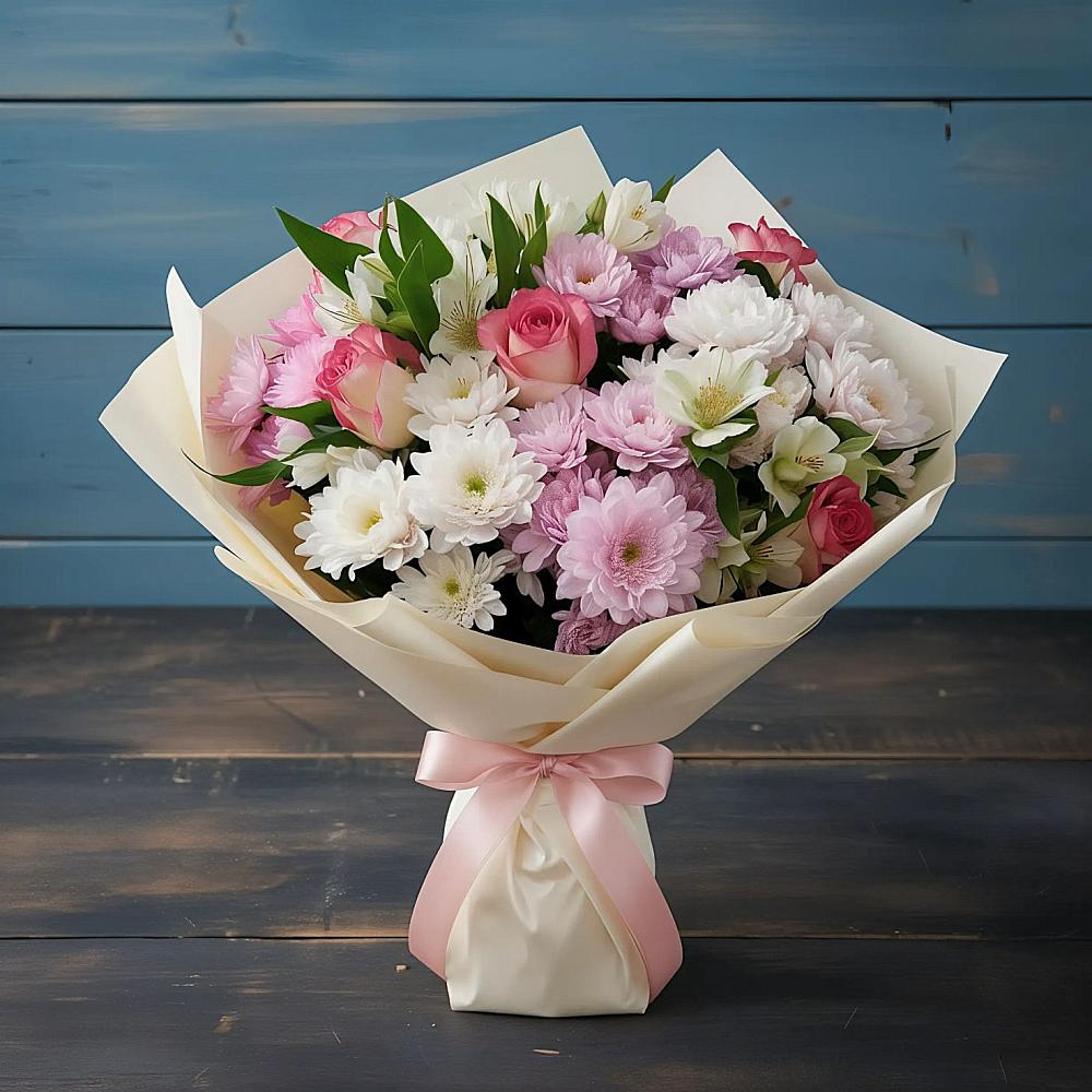 Букет цветов из: Хризантемы, Альстромерии и Розы в Высоком Краснодарский край